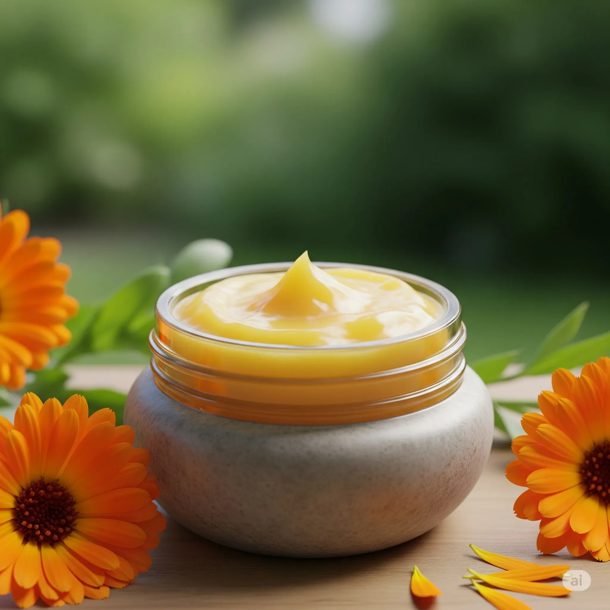 calendula.webp Vasetto di unguento alla Calendula circondato da fiori, ideale per cicatrizzare la pelle.
