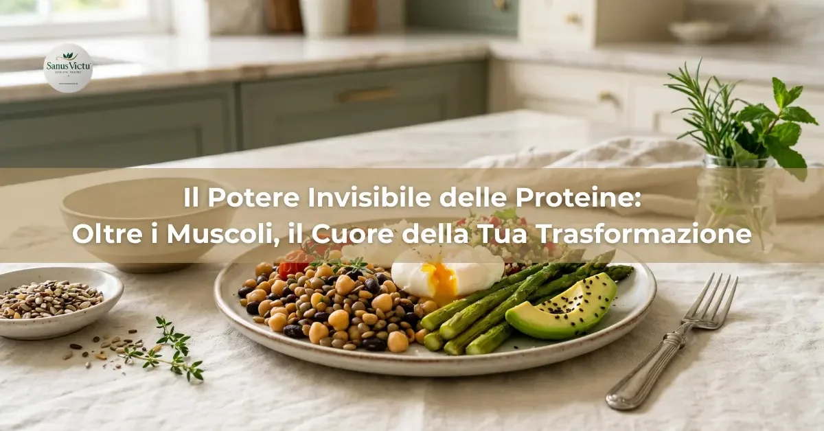 Piatto salutare con uovo in camicia, asparagi, lenticchie, avocado e ceci su una tavola imbandita, con testo sovrapposto sul potere delle proteine.