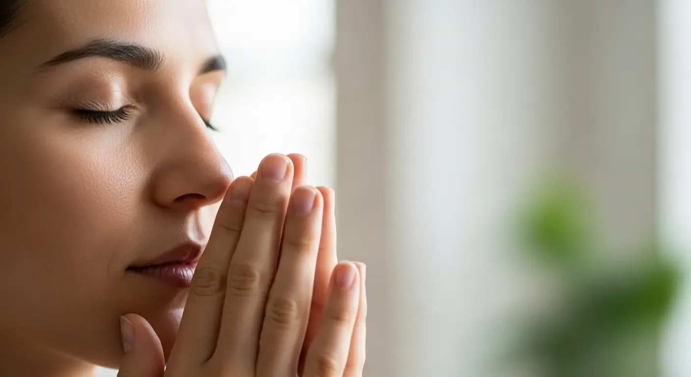 Primo piano di una persona in meditazione o respirazione consapevole, che evoca calma e centratura mentale nel gestire lo stress da caldo.
