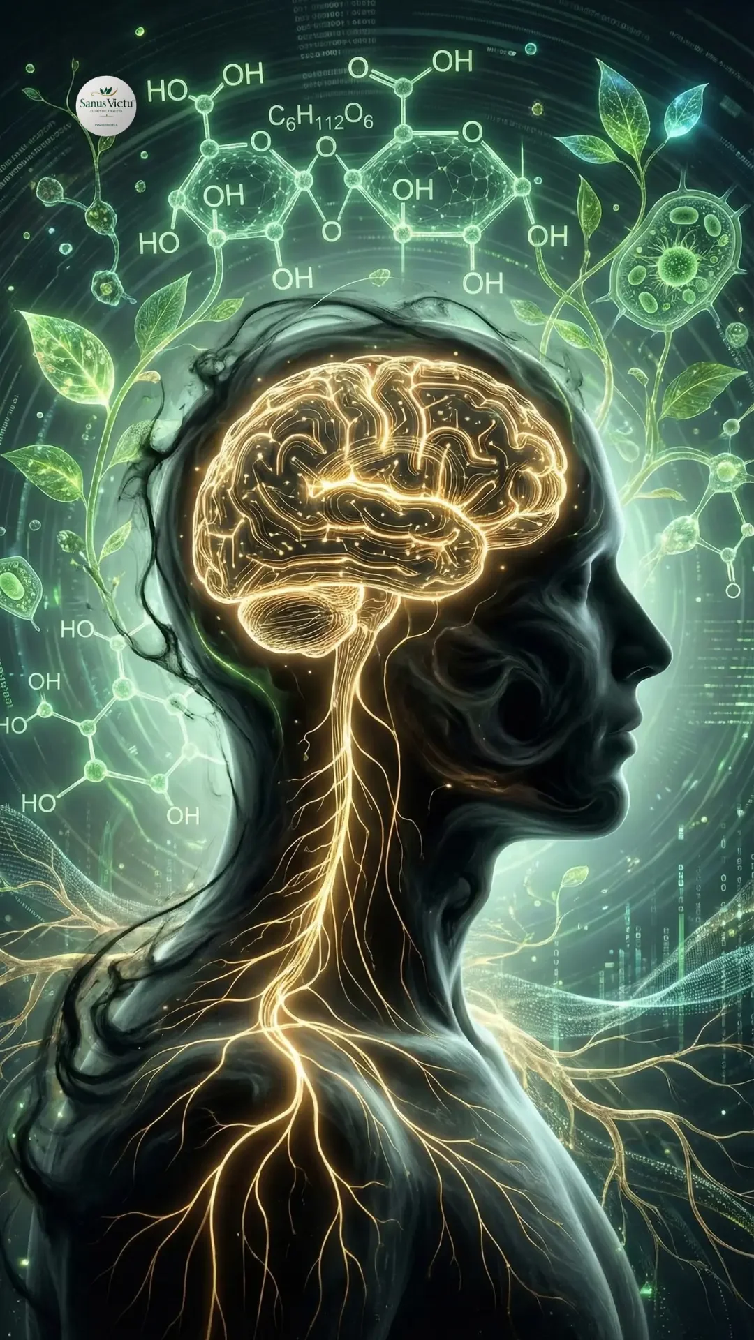 immagine-1_-230326.webp Illustrazione concettuale del metabolismo: un cervello umano luminoso collegato a formule biochimiche di glucidi (come il glucosio C6H12O6), strutture molecolari, piante e microrganismi, simboleggiando l'energia e la vitalità per il blog di Sanus Victu. In alto a sinistra, il logo 'SANUS VICTU'.