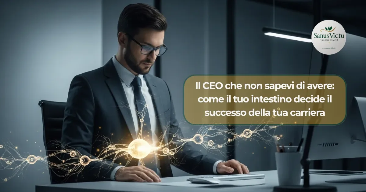 Manager concentrato alla scrivania simbolo dell&#039;asse intestino-cervello che influenza la performance lavorativa e il successo nella carriera.