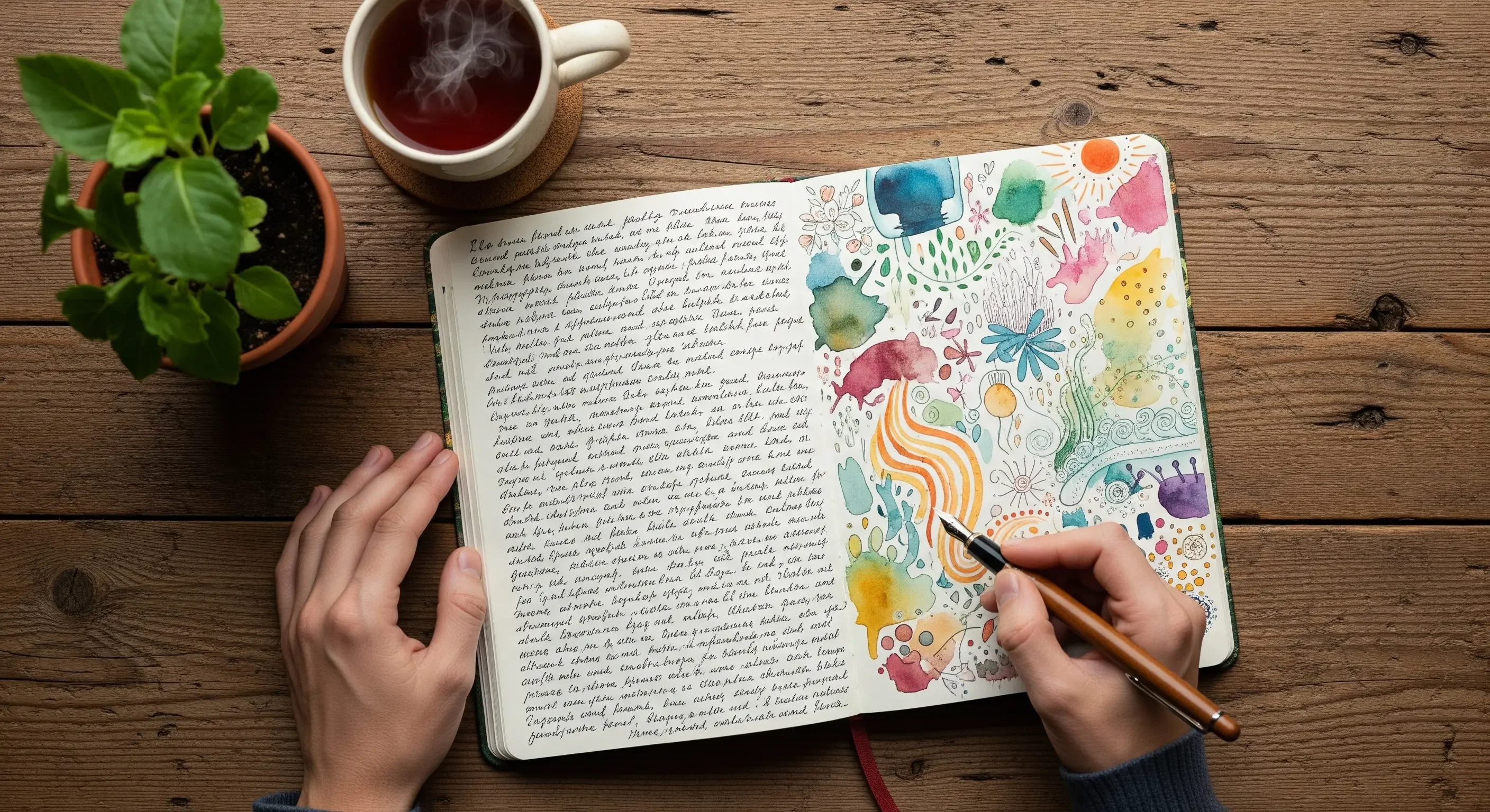 4.-creative-journaling-and-artistic-expression-©2025-sanusvictu.webp Mani di una persona che scrive su un diario creativo con disegni e acquerelli per sbloccare l'ispirazione.