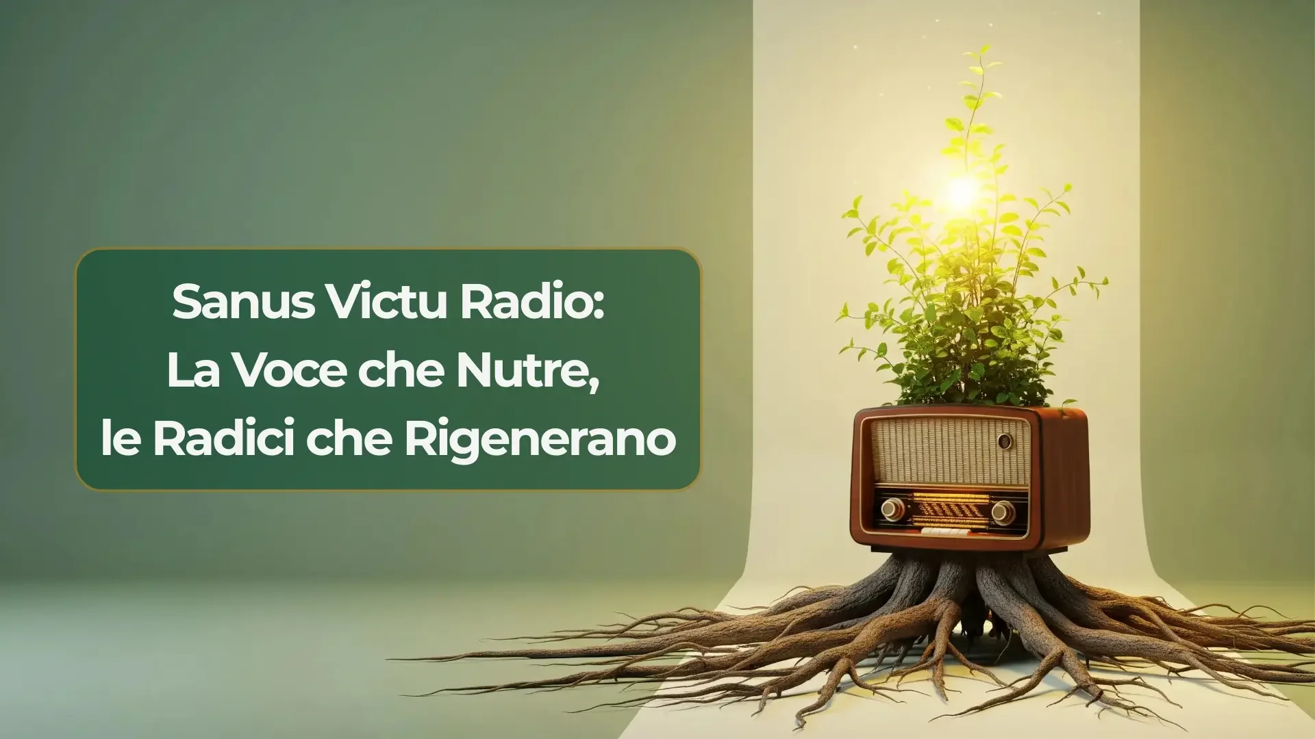 Radio vintage in stile anni '50 con radici che crescono e una pianta rigogliosa che sboccia dall'alto.