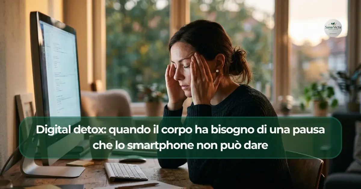 copertina_091026_©2026-sanusvictu.webp Donna affaticata al computer, stanchezza da iperconnessione e necessità di digital detox