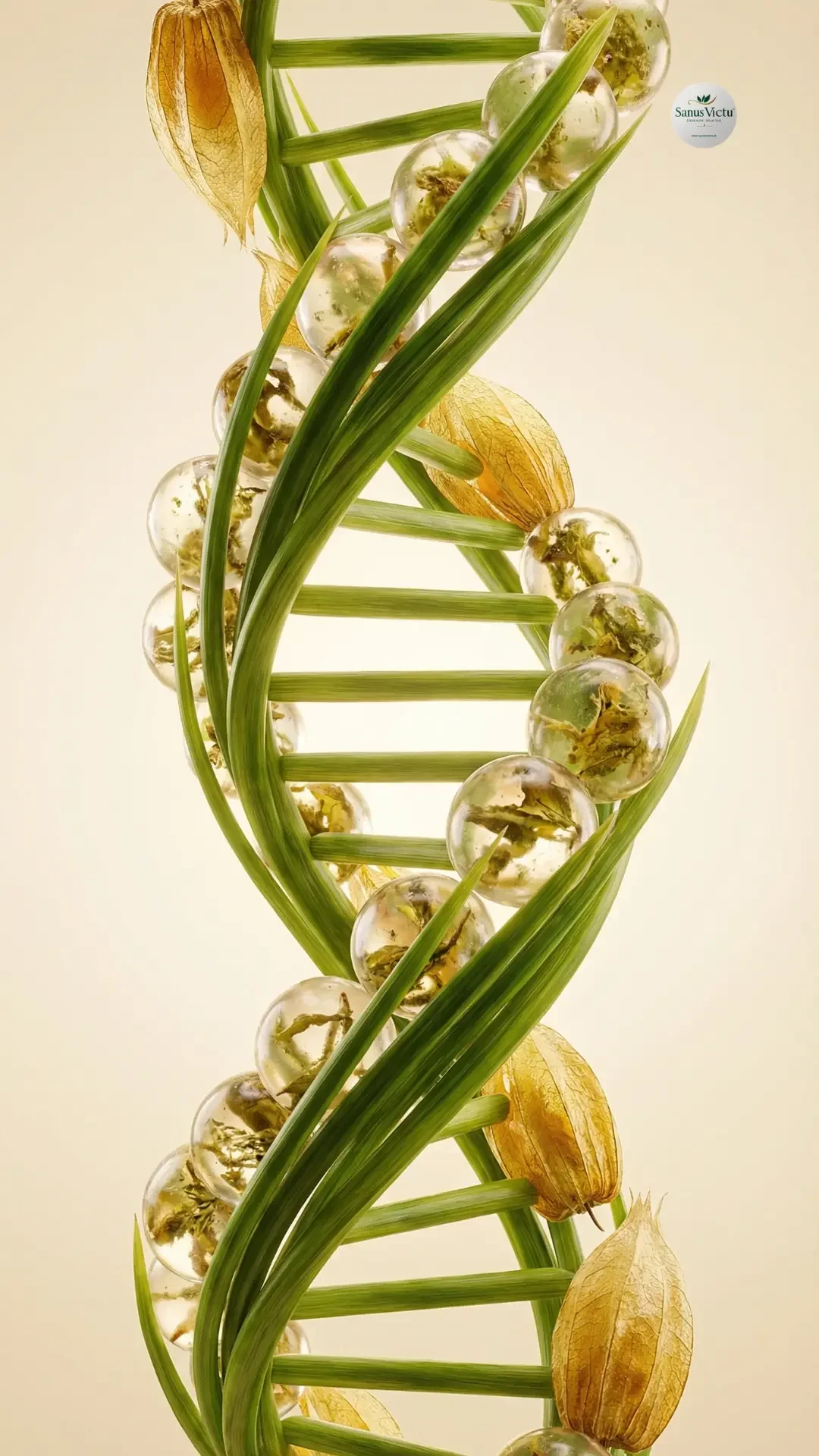 immagine-2_-230326.webp Elica DNA in erba e sfere con erbe, che simboleggia la trasformazione metabolica e la vitalità naturale per Sanus Victu.