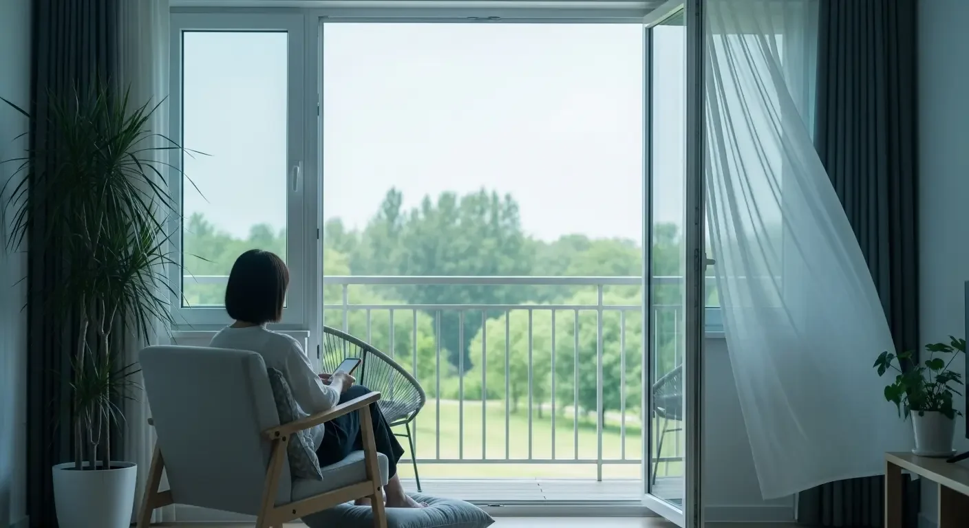 Ambiente domestico fresco con persona rilassata vicino a finestra aperta e piante, che suggerisce un santuario per elevare lo spirito d'estate.