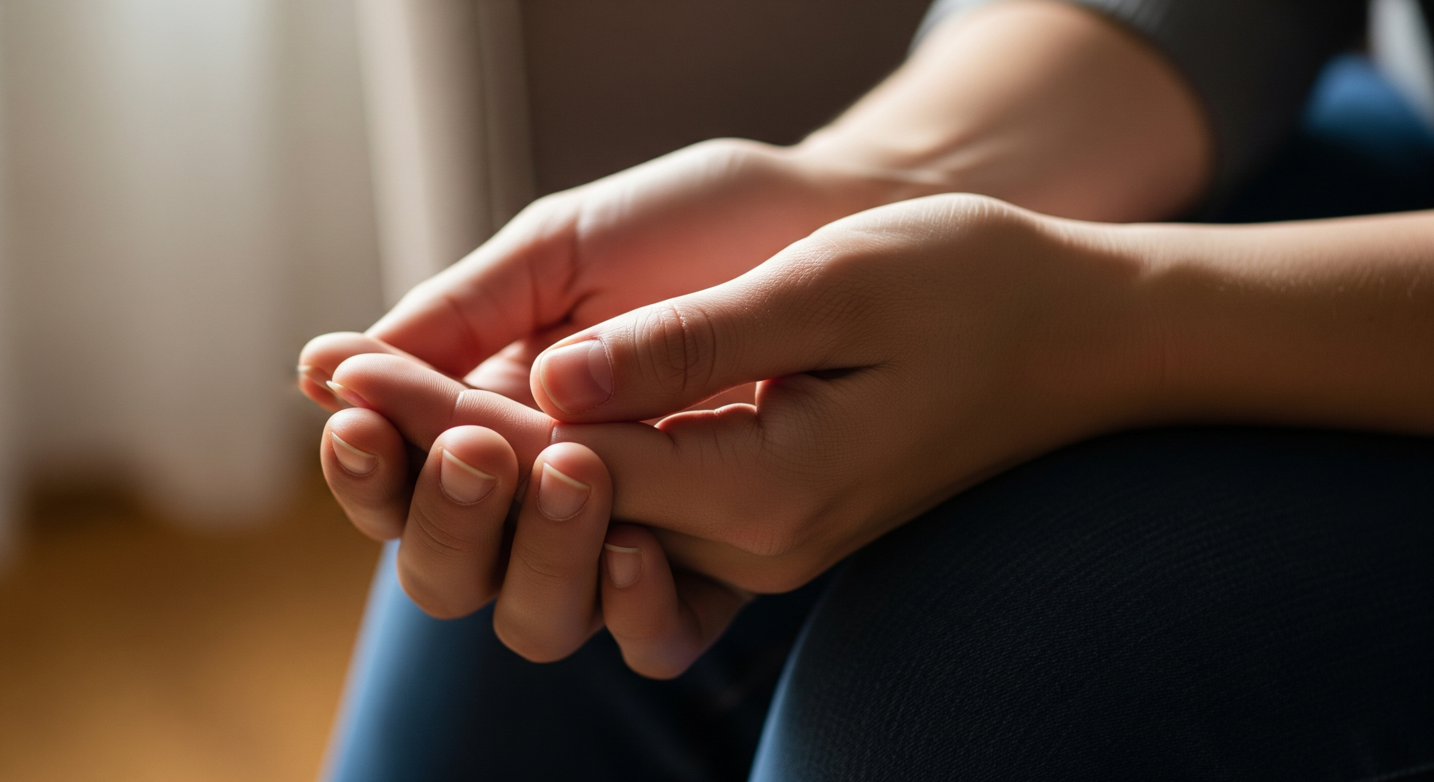 Primo piano di mani raccolte in grembo in una posa di calma e mindfulness, simbolo della respirazione consapevole per gestire lo stress.
