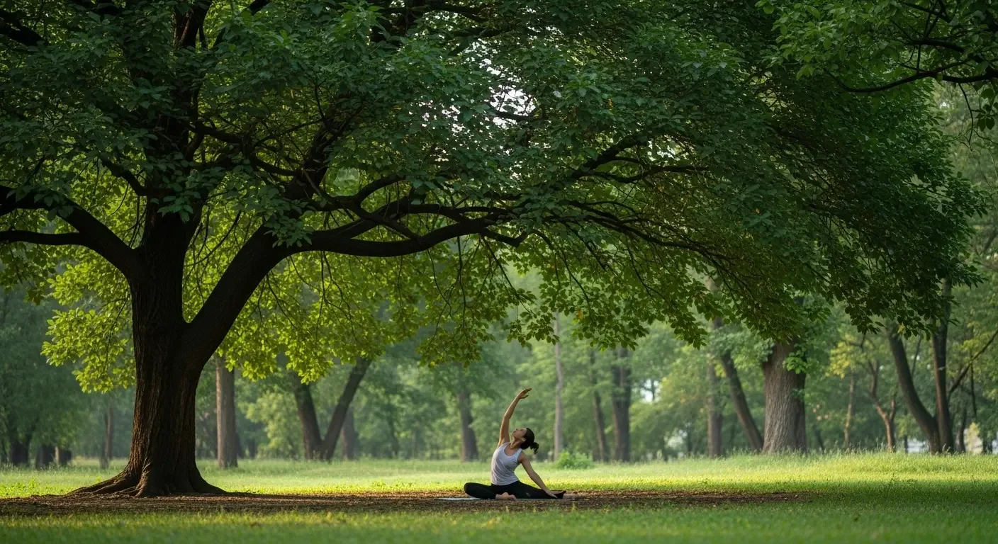Donna che pratica yoga all'ombra di un albero, simbolo di movimento consapevole e riequilibrio per il benessere nel caldo.