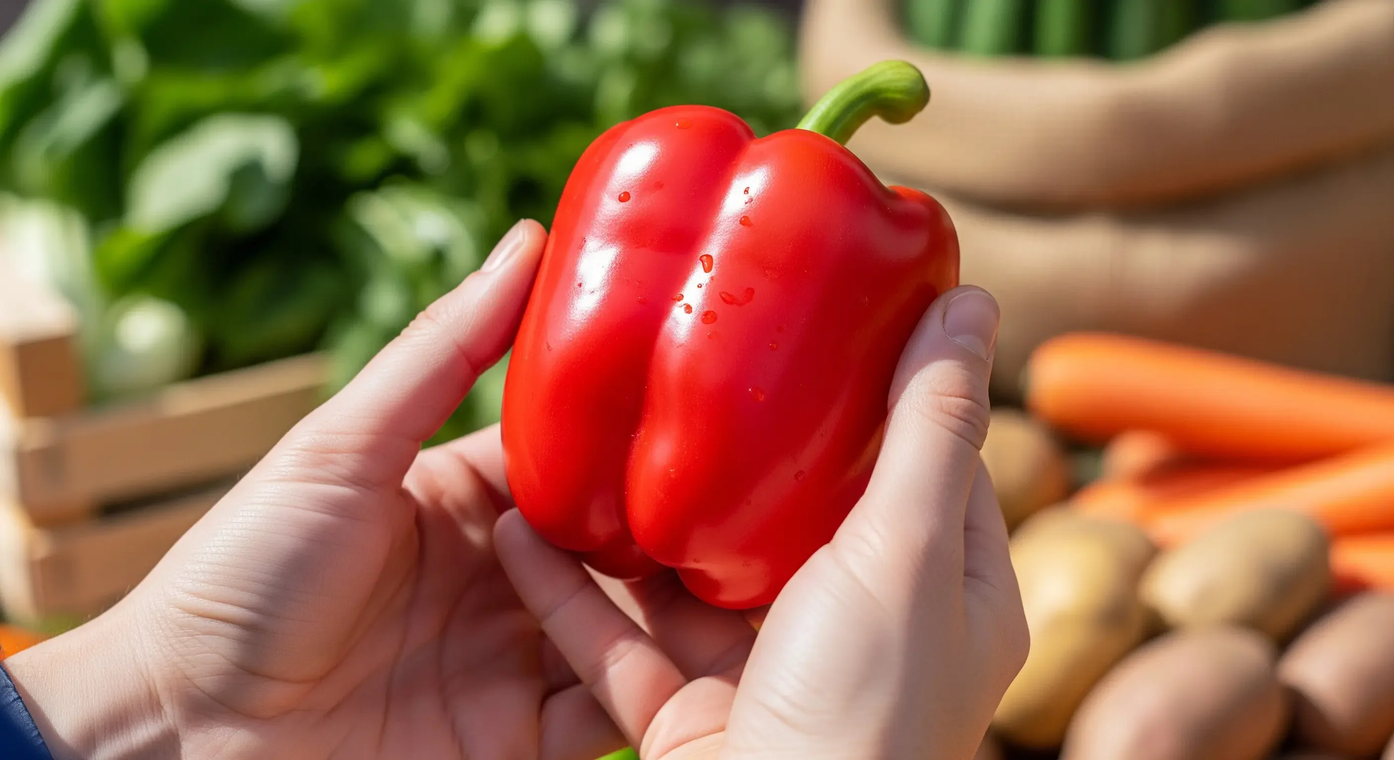 Persona che pratica acquisti consapevoli scegliendo con cura un peperone rosso fresco, primo passo per un'alimentazione mindful.