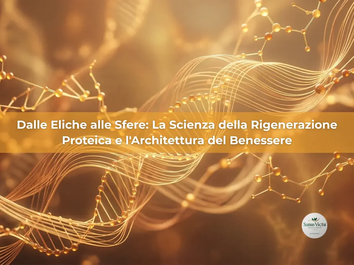 Rappresentazione astratta di strutture molecolari a doppia elica in toni oro e ambra con testo sovrapposto "Dalle Eliche alle Sfere: La Scienza della Rigenerazione Proteica e l'Architettura del Benessere" e logo Sanus Victu.