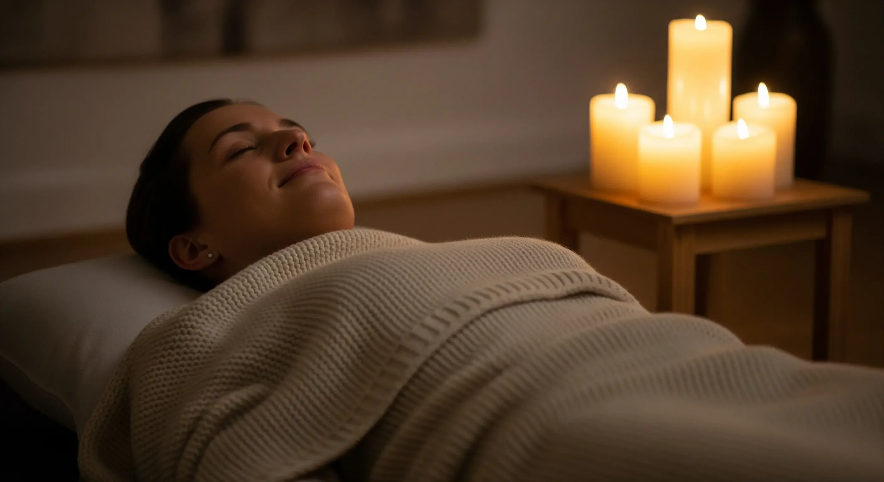 Donna serena distesa e avvolta in una coperta, con candele accese in sottofondo, che suggerisce profondo rilassamento, riduzione dello stress e un ambiente meditativo.