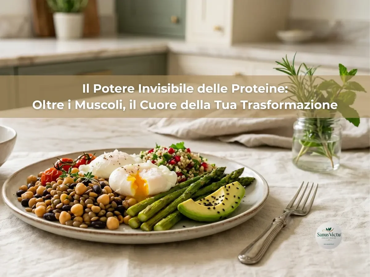 Piatto salutare con uovo in camicia, asparagi, lenticchie, avocado e ceci su una tavola imbandita, con testo sovrapposto sul potere delle proteine.