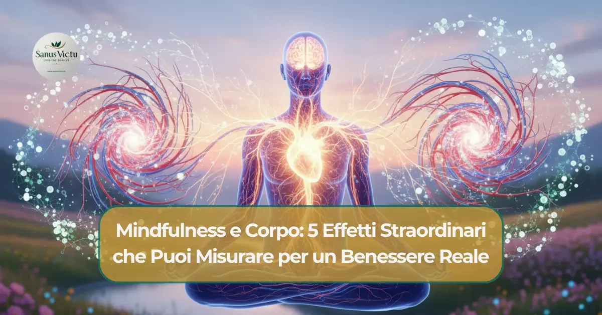 copertina281025.webp Illustrazione eterea di una silhouette umana in meditazione, con il sistema nervoso e il cuore luminosi, a simboleggiare la potente connessione mente-corpo e gli effetti della mindfulness sulla salute fisica. Il titolo "Mindfulness e Corpo: 5 Effetti Straordinari che Puoi Misurare per un Benessere Reale" è sovrapposto.