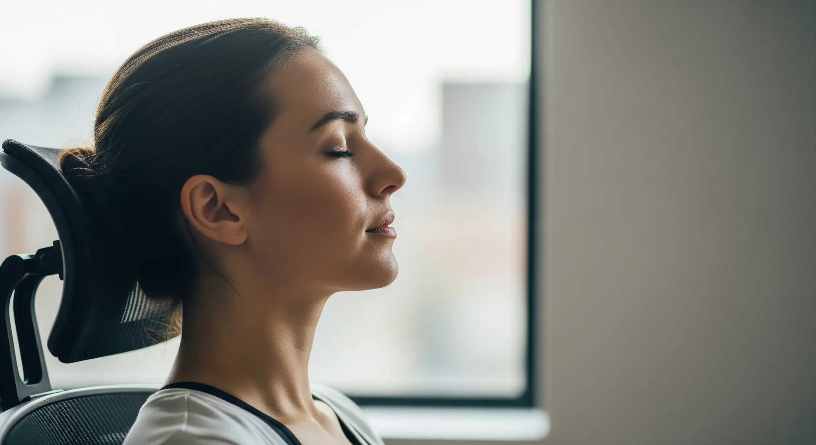 office-tranquility-mindful-breathing-exercise-©2025-sanusvictu.webp Donna che pratica la respirazione consapevole in ufficio per centrarsi e combattere lo stress lavorativo.