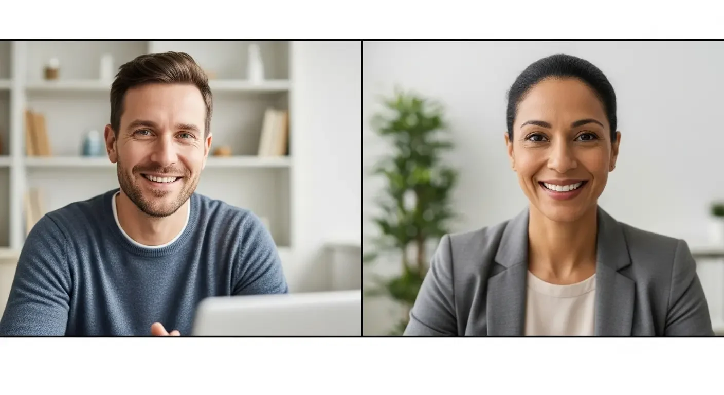 il-protagonista-del-cambiamento.webp Coppia (uomo e donna) sorridente in videochiamata, che rappresenta la consulenza online personalizzata di Sanus Victu e il supporto diretto nel percorso di cambiamento.