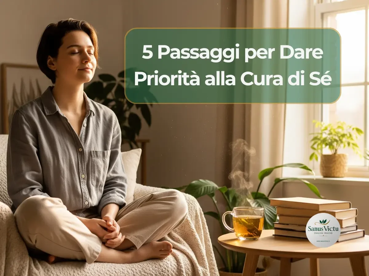 Donna serena pratica la cura di sé in un ambiente rilassante, sorseggiando una tisana, a rappresentare i 5 passaggi per il benessere di Sanus Victu.
