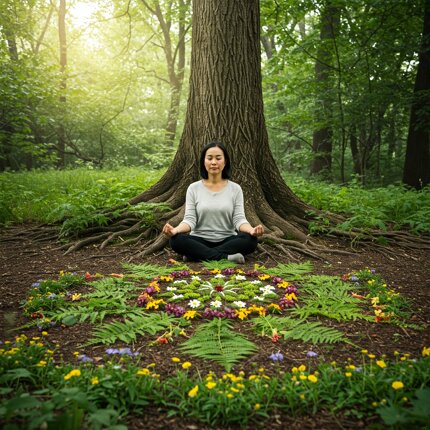 Donna in meditazione davanti a un mandala di fiori nel bosco, simbolo del Percorso di Benessere Integrale Personalizzato.