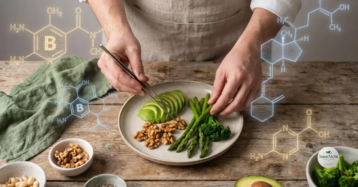 Una ripresa dall'alto di un sofisticato processo di preparazione di un pasto. Le mani di uno chef esperto dispongono con cura verdure al vapore e grassi sani (come avocado e noci).