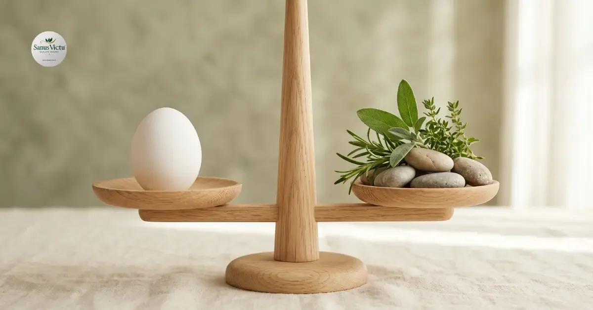 Una bilancia minimalista in legno chiaro in perfetto equilibrio. Su un piatto poggia un uovo bianco liscio, mentre sull'altro sono disposti un rametto di erbe aromatiche verdi e piccoli sassi levigati.