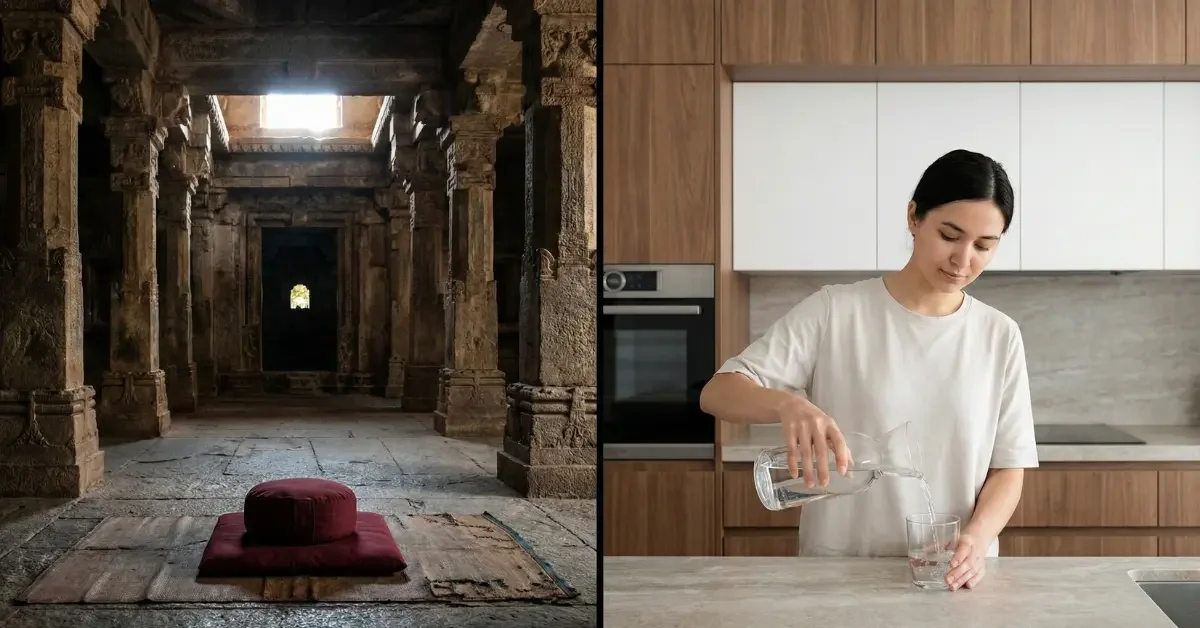 Confronto visivo tra la pratica della meditazione formale in un antico tempio di pietra e la mindfulness quotidiana in una cucina moderna.