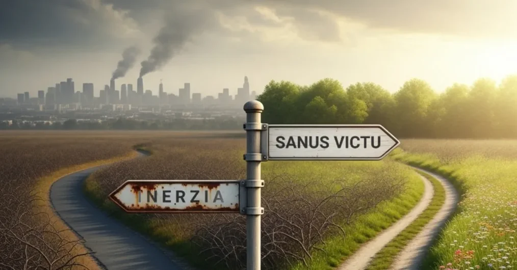 Bivio con indicazioni 'Sanus Victu' e 'Inerzia', simboleggiando la scelta per un percorso di benessere olistico e il superamento dell'inerzia personale.