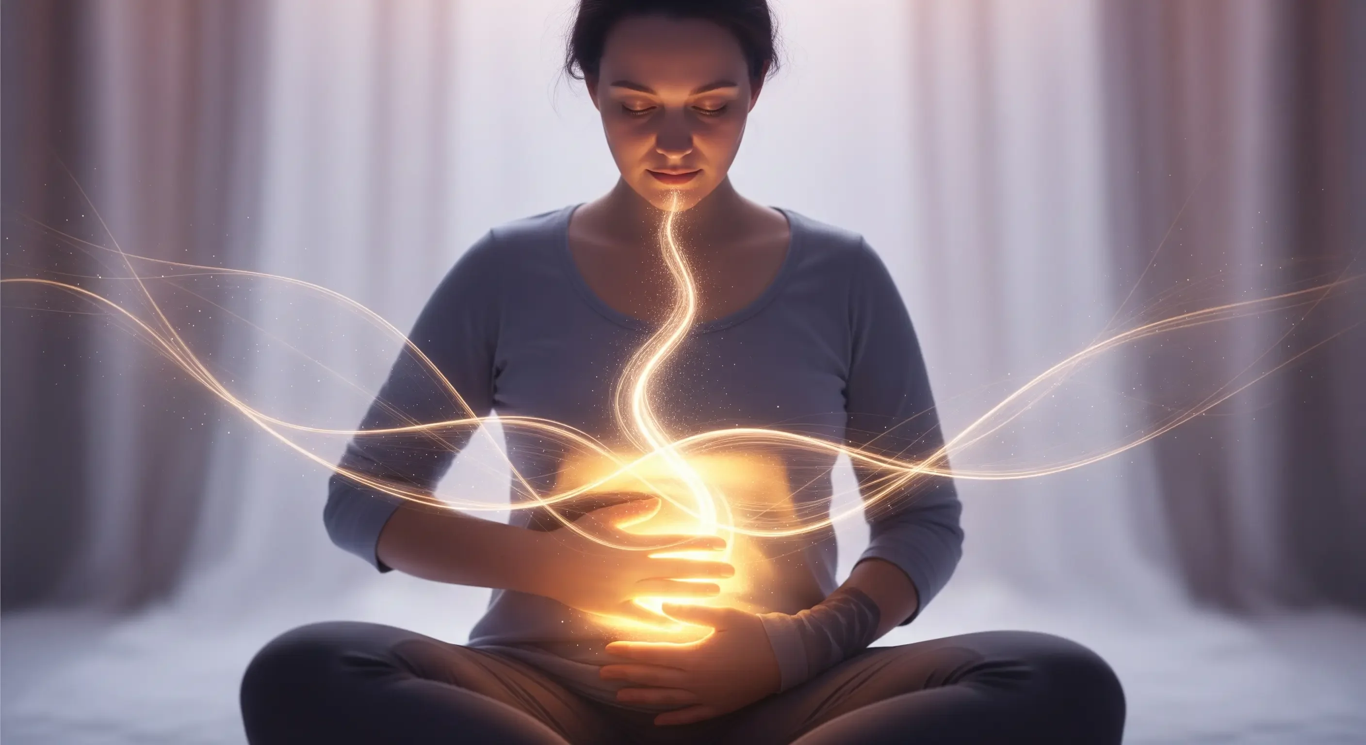 Rappresentazione concettuale di una donna che ascolta i segnali di fame e sazietà del suo corpo, un principio del mindful eating.