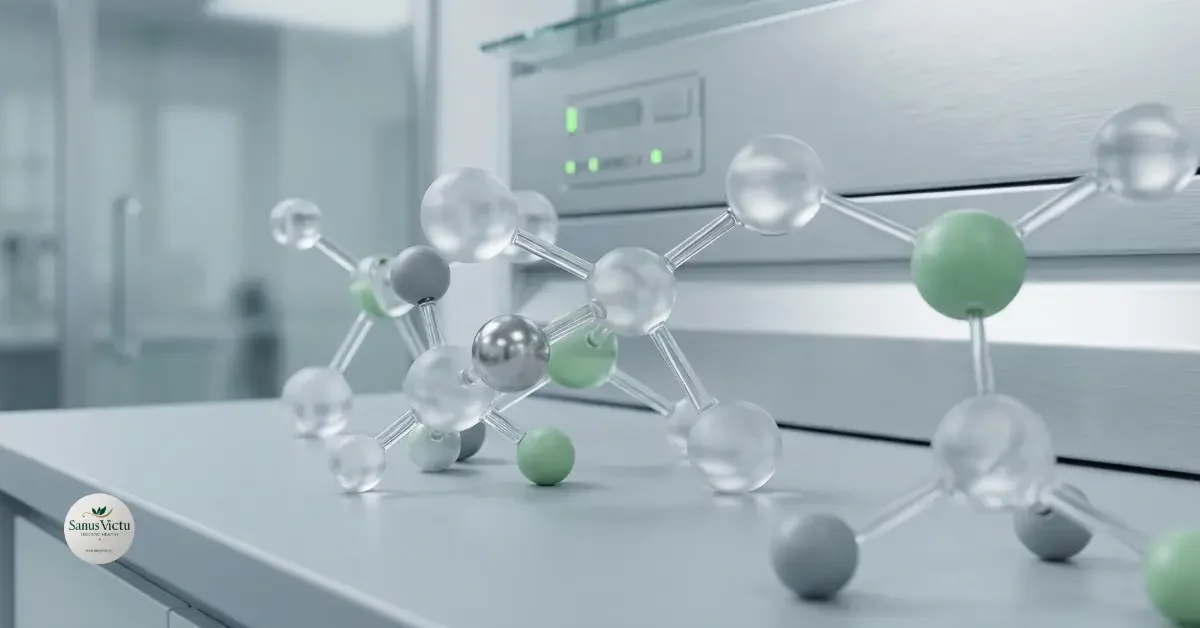 Rappresentazione fotorealistica e minimalista di strutture molecolari in un ambiente clinico di alto livello, a supporto dell'analisi sulla bioenergetica e sull'efficienza sistemica del metabolismo.