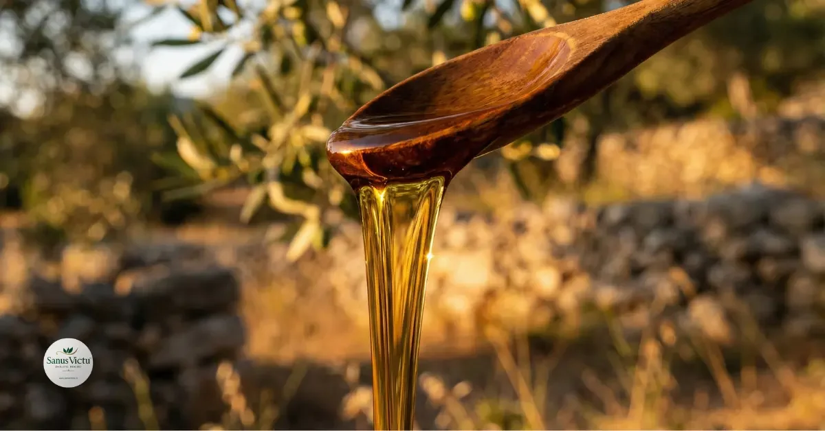 Primo piano di olio extravergine d'oliva versato da un cucchiaio di legno, con riflessi dorati e uno sfondo sfocato di natura mediterranea in luce calda al tramonto.