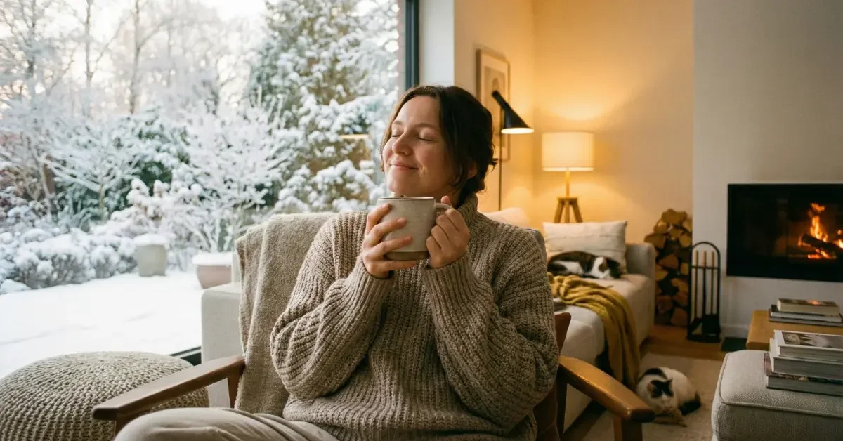 Donna che pratica mindfulness sorseggiando con calma una bevanda calda in un ambiente domestico accogliente con vista su un bosco innevato.