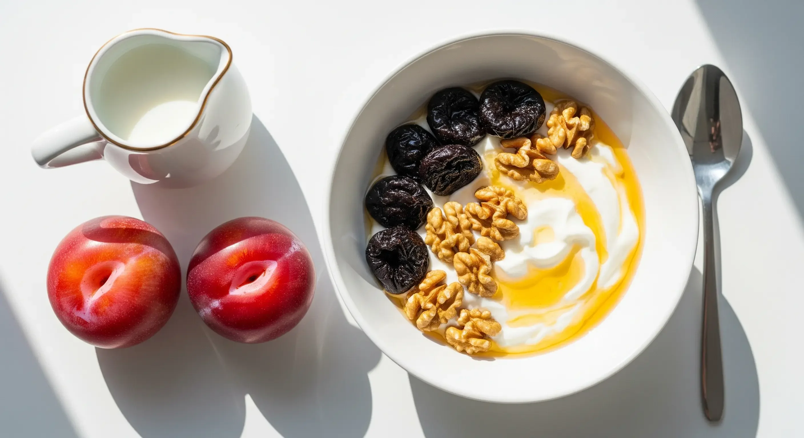 Colazione sana con yogurt, prugne secche e noci, un esempio di come integrare le prugne per la salute delle ossa.