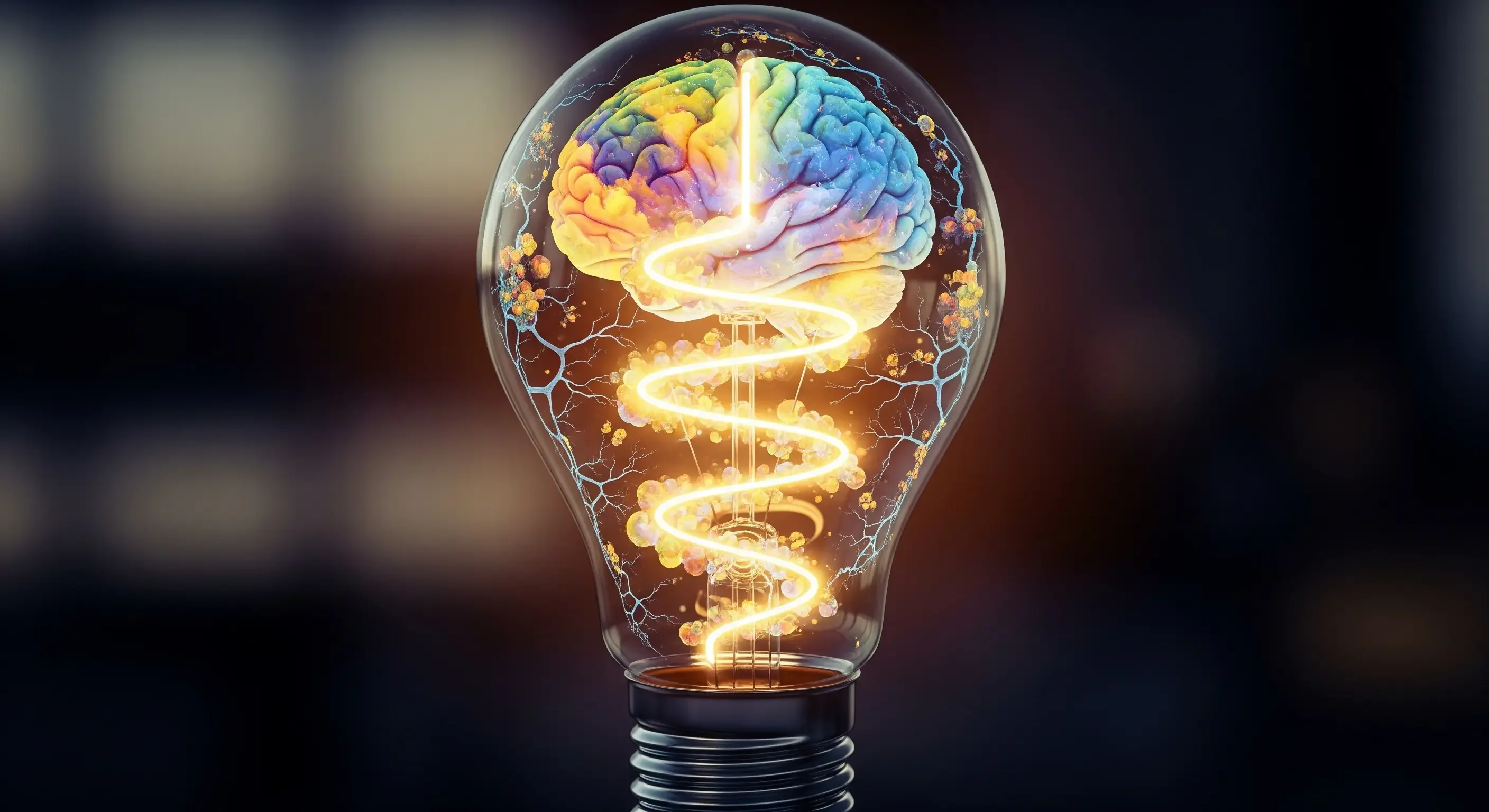 Lampadina accesa con all'interno un cervello colorato, a rappresentare come la camminata mindful stimoli la creatività e le nuove idee.