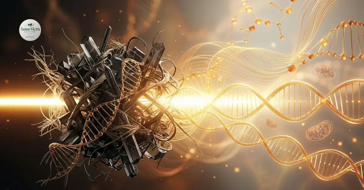Rappresentazione simbolica di rigenerazione cellulare con un raggio di luce che attraversa una struttura cristallina complessa trasformandola in eliche di DNA ordinate e luminose.