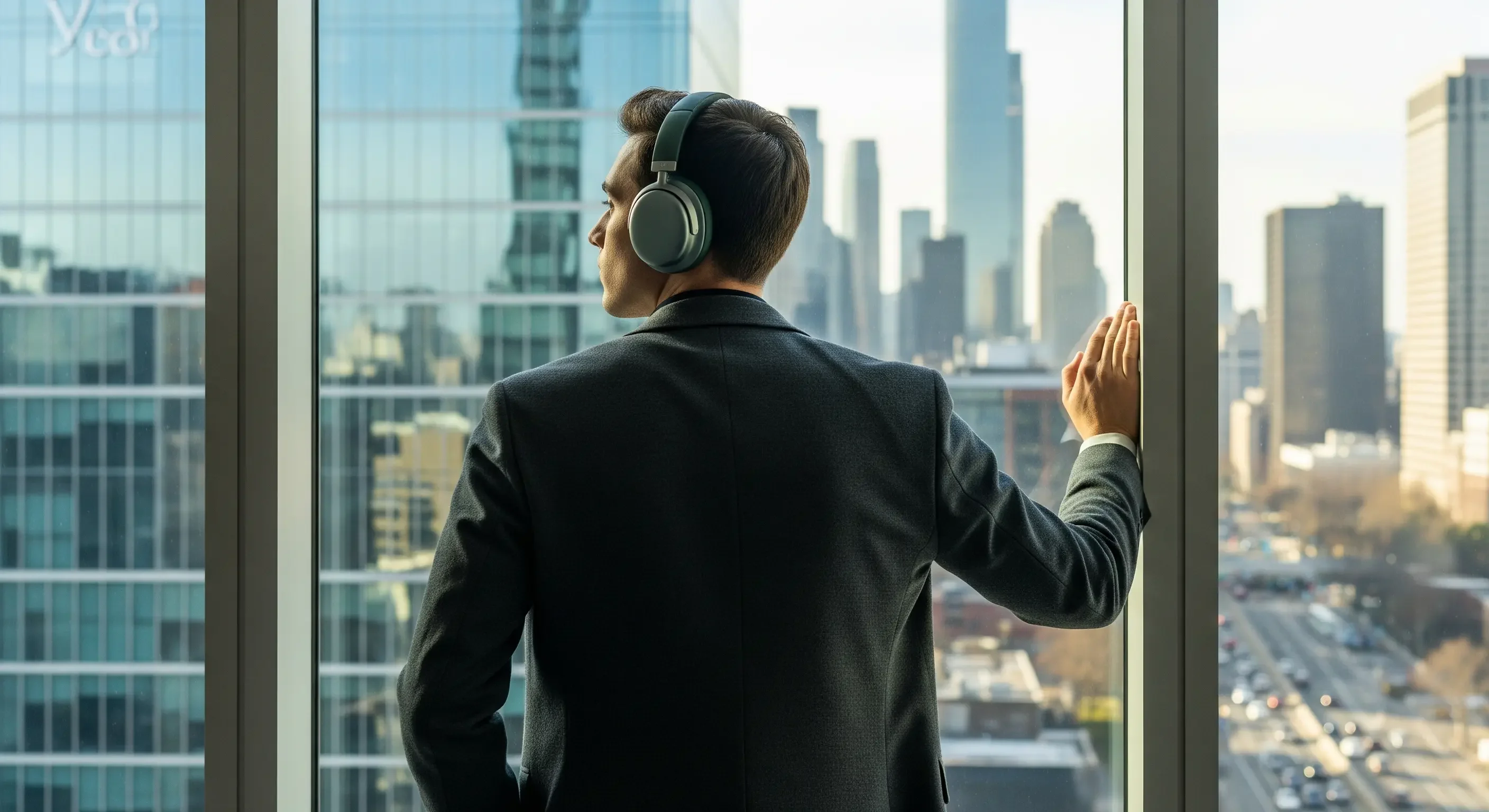 office-escape-music-inspires-©2025-sanusvictu.webp Uomo d'affari con le cuffie che ascolta musica o un podcast per una pausa mentale e ricaricarsi.