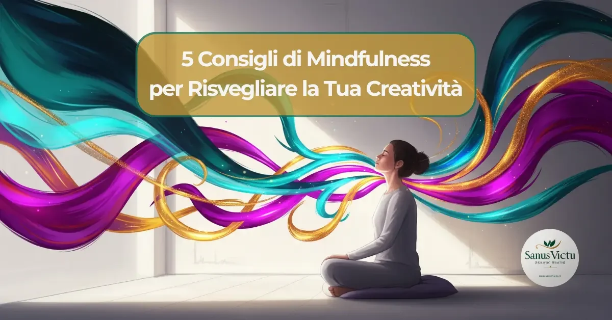 3110-blog-seo_image.webp Donna in meditazione mindfulness per risvegliare la creatività, circondata da flussi di energia colorata che simboleggiano le idee.