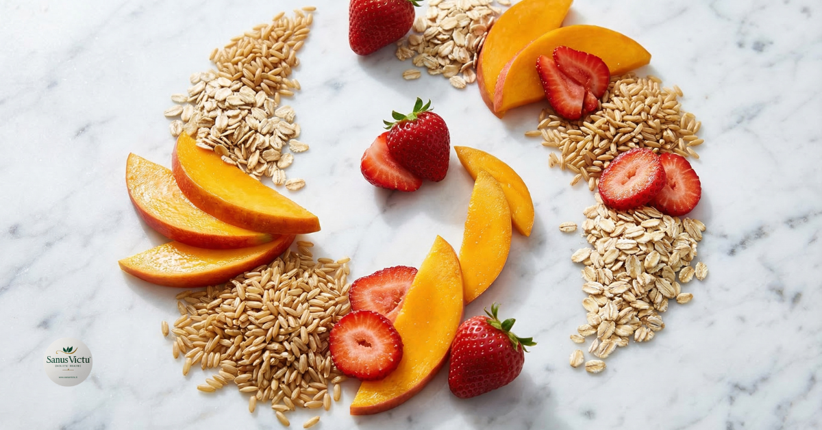 riso, avena e frutta su marmo