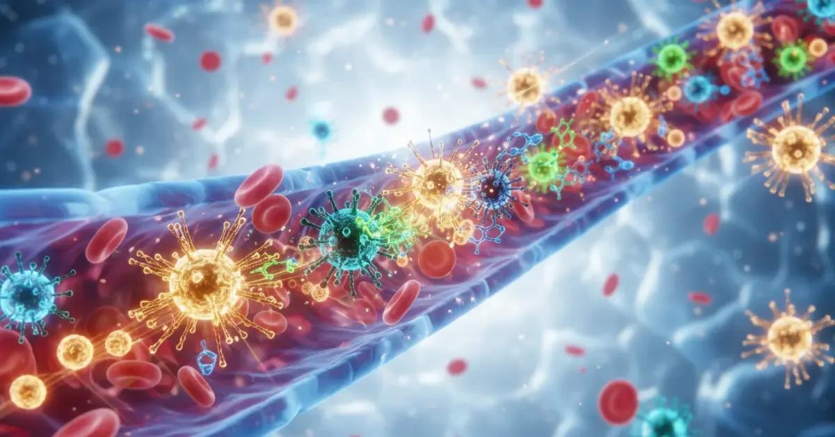 003-281025-©2025-sanusvictu.webp Illustrazione scientifica e colorata del sistema immunitario in azione, con anticorpi e linfociti che combattono virus in un vaso sanguigno, a simboleggiare il rafforzamento delle difese immunitarie.