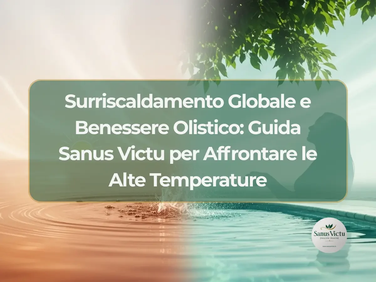 Grafica estiva di Sanus Victu con suggerimenti olistici per affrontare il caldo estremo, inclusa idratazione e benessere.