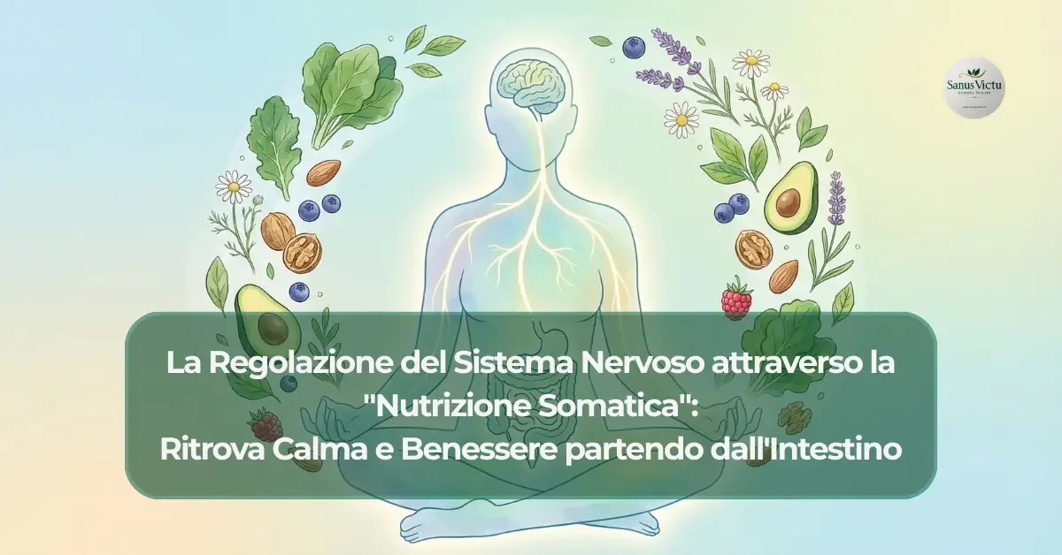 Persona in posa meditativa con connessione illustrata tra cervello e intestino, simbolo della nutrizione somatica per la regolazione del sistema nervoso.