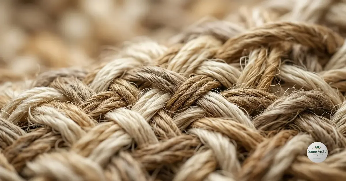 Primo piano macro di fibre organiche intrecciate in toni neutri e della terra, simbolo di stabilità biologica e integrità architettonica.