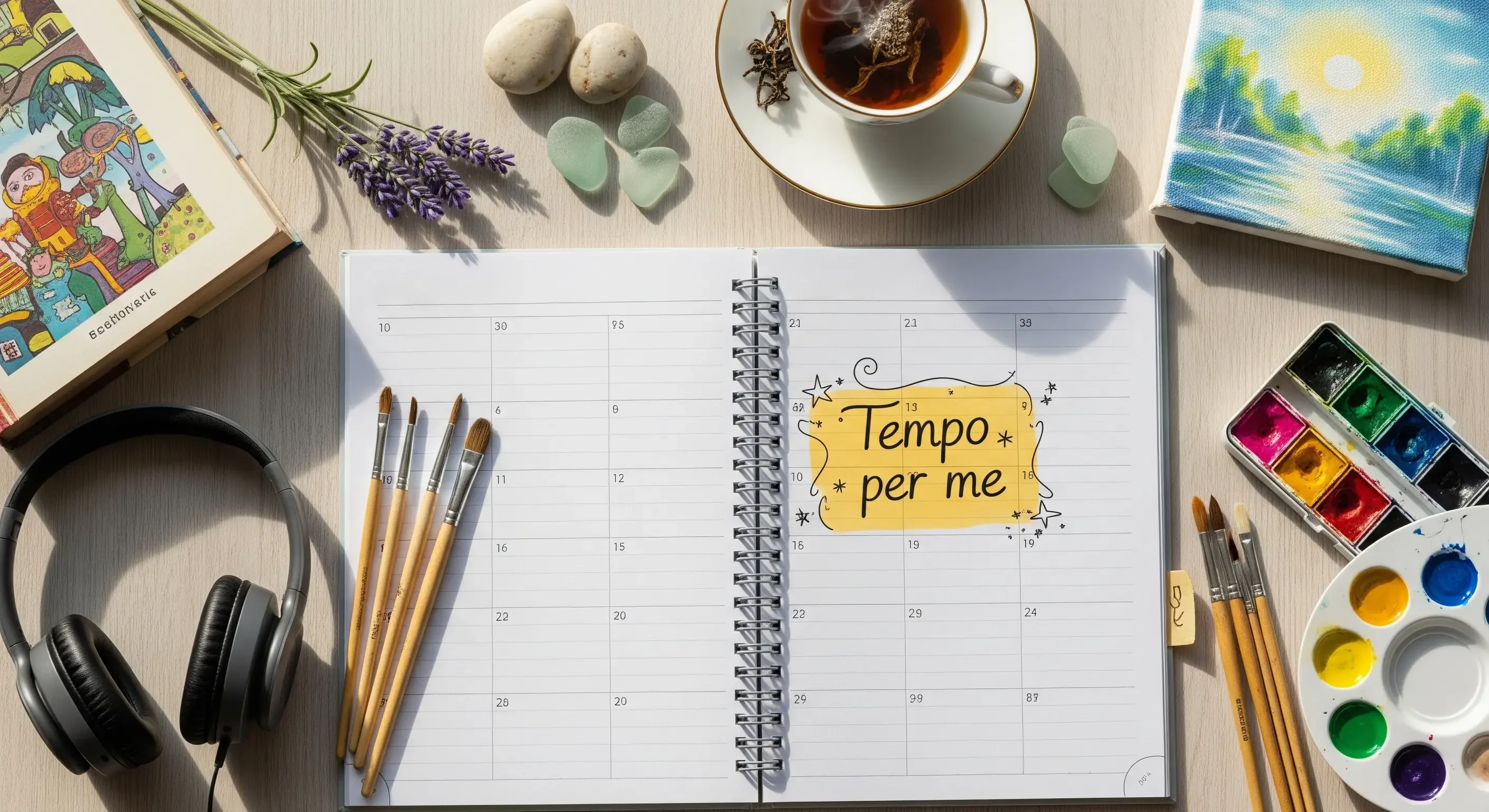 Agenda aperta con la scritta "Tempo per me" circondata da oggetti per hobby come acquerelli e cuffie, uno dei passaggi per la cura di sé.