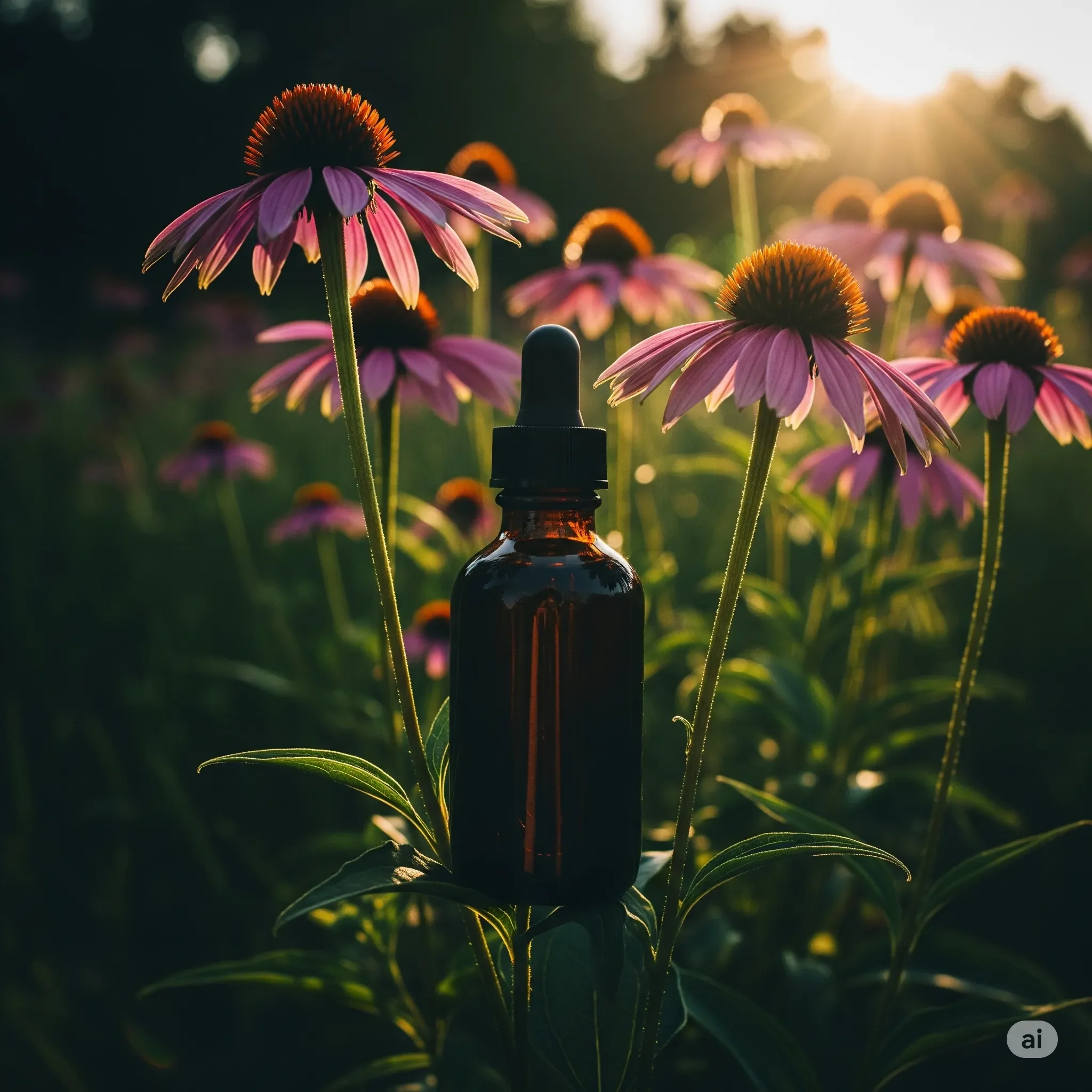 echinacea.webp Flacone di tintura madre di Echinacea con fiori sullo sfondo.