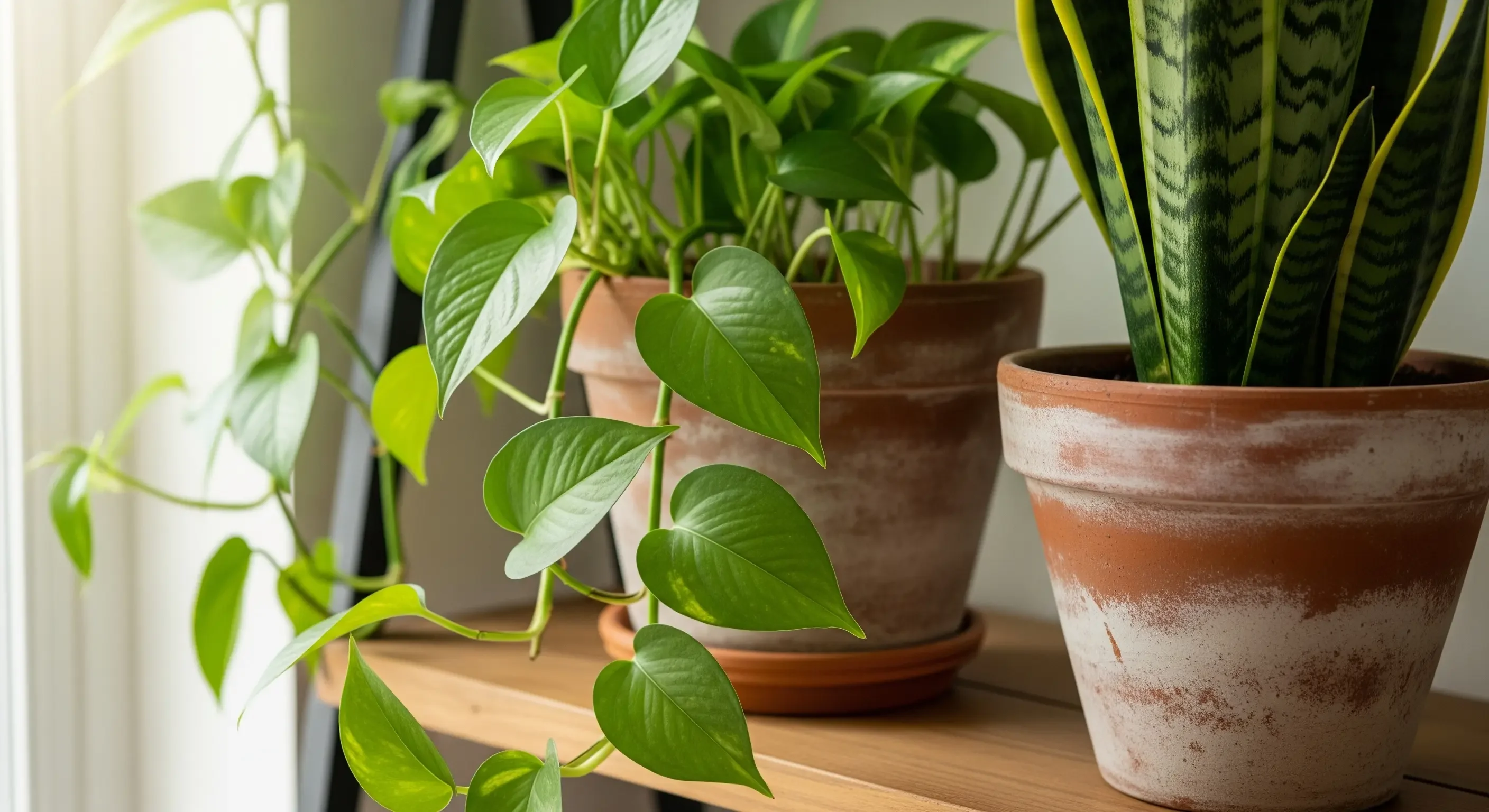 Piante da interno come Pothos e Sansevieria in vasi di terracotta, esempio di come usare elementi naturali per creare uno spazio mindful.