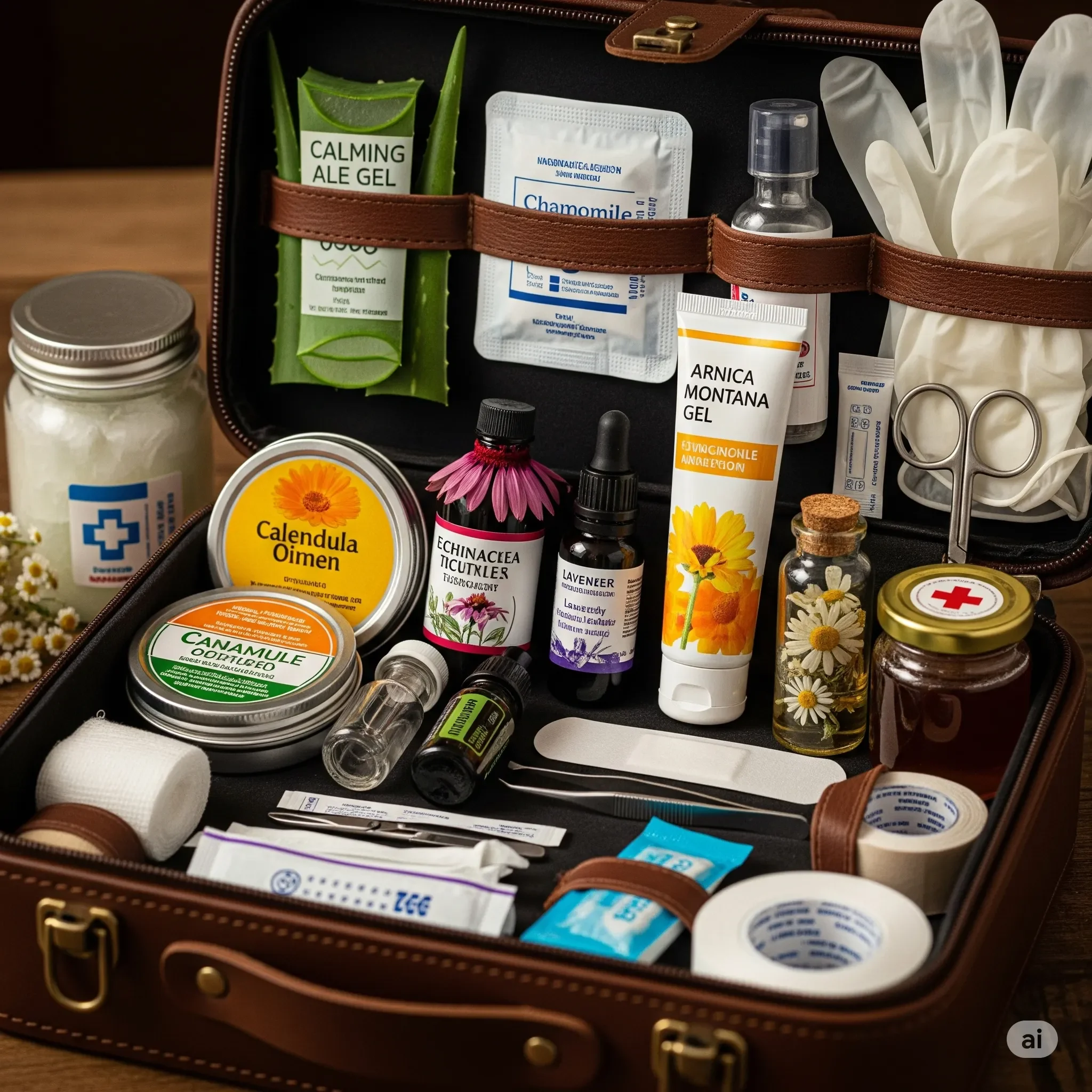 kit.webp Contenuto di un kit di primo soccorso naturale con unguento calendula, gel arnica e tintura echinacea.