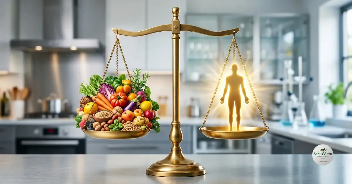 Un'immagine concettuale di una bilancia classica. Da un lato, una varietà di alimenti integrali colorati, dall'altro, un simbolo luminoso di una silhouette umana, perfettamente bilanciata.