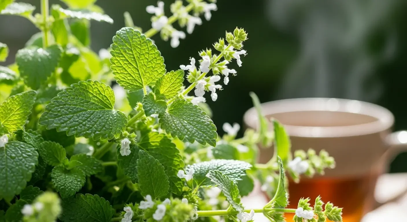 Pianta di melissa con foglie e piccoli fiori, che evoca calma e proprietà rilassanti per una tisana serale e la serenità della mente.