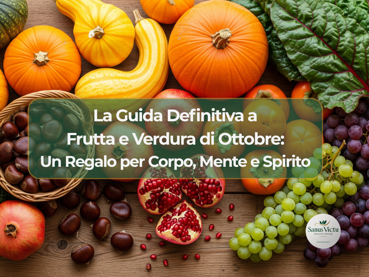 Frutta e verdura di stagione di Ottobre su un tavolo di legno: zucche, melograno, castagne e uva. Banner dell&#039;articolo di Sanus Victu.