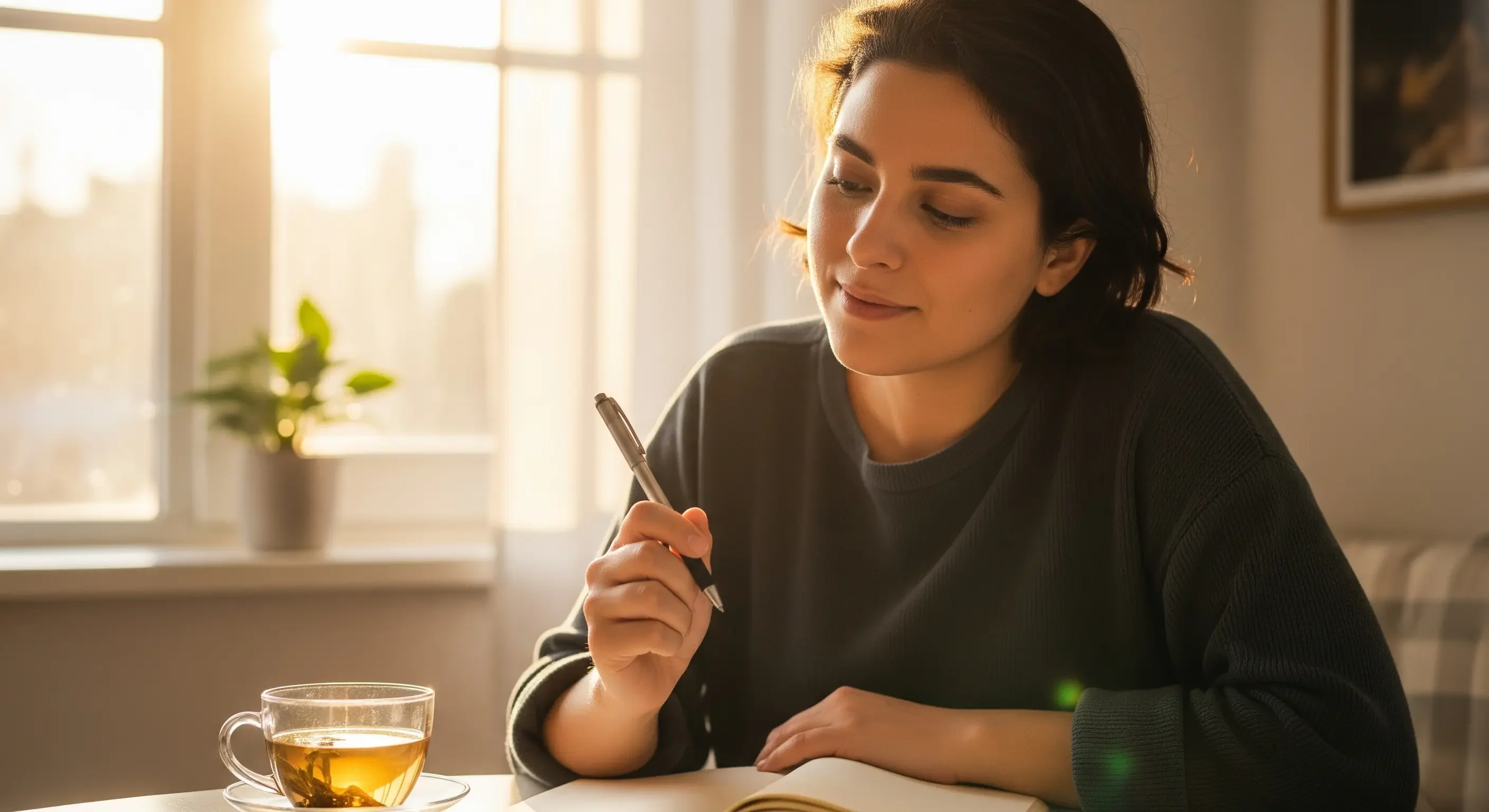 Donna sorridente che scrive su un quaderno vicino a una finestra soleggiata con una tazza di tè, illustrando la pratica della gratitudine e delle affermazioni positive per coltivare un mindset energetico.