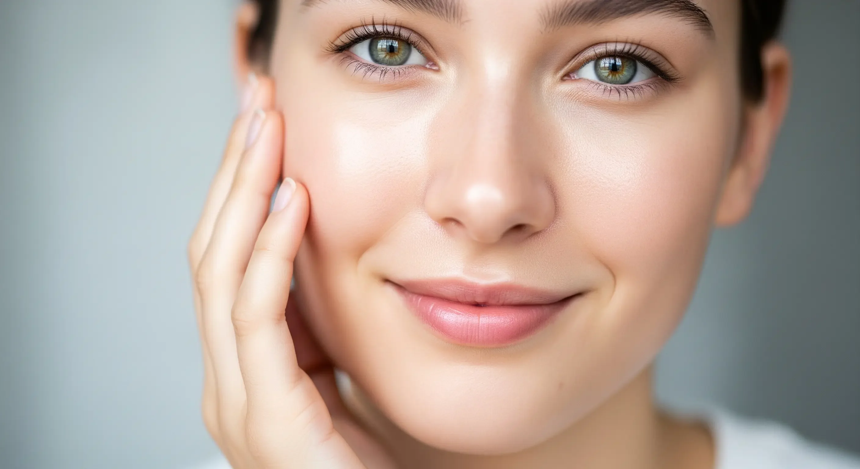 Primo piano del viso di una donna con pelle luminosa e idratata, a dimostrazione dei benefici dell'acqua per la salute della pelle.