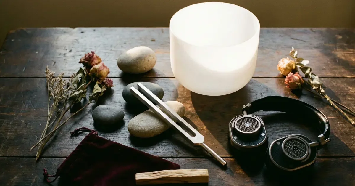 Strumenti per il sound healing: campana di cristallo, diapason e cuffie su un tavolo di legno.