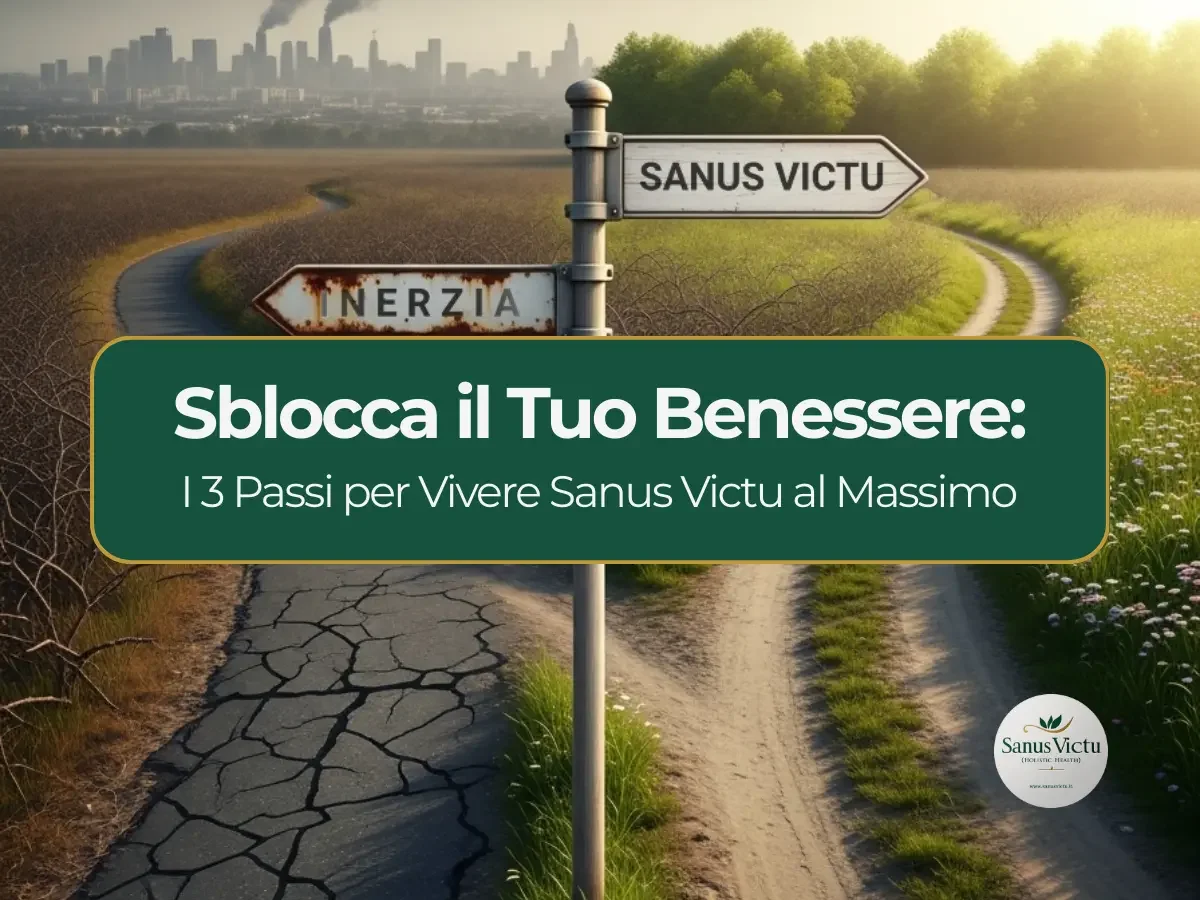 Sblocca il Tuo Benessere - I 3 Passi per Vivere Sanus Victu al Massimo Bivio che rappresenta il percorso benessere di Sanus Victu: la via chiara verso il benessere olistico e la via dell'inerzia. Promuove i 3 passi per vivere al massimo.